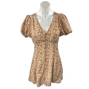 Lush Women's Multicolor Floral V-Neck Short Puff Sleeve Mini A-Line Dress Size S